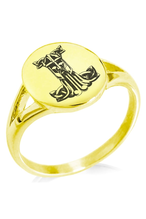 Stainless Steel Thor's Hammer Mjolnir Celtic Viking Rune Minimalist Oval Top Polished Statement Signet Ring
