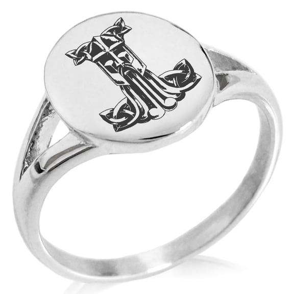 Stainless Steel Thor's Hammer Mjolnir Celtic Viking Rune Minimalist Oval Top Polished Statement Signet Ring