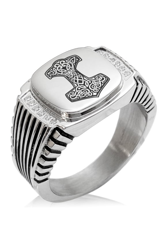 Stainless Steel Thor's Hammer Mjolnir Knot Viking Norse CZ Ribbed Needle Stripe Pattern Biker Style Polished Ring