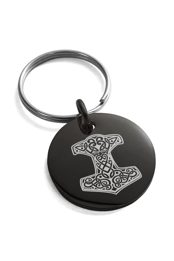 Stainless Steel Thor's Hammer Mjolnir Knot Viking Norse Engraved Small Medallion Circle Charm Keychain Keyring