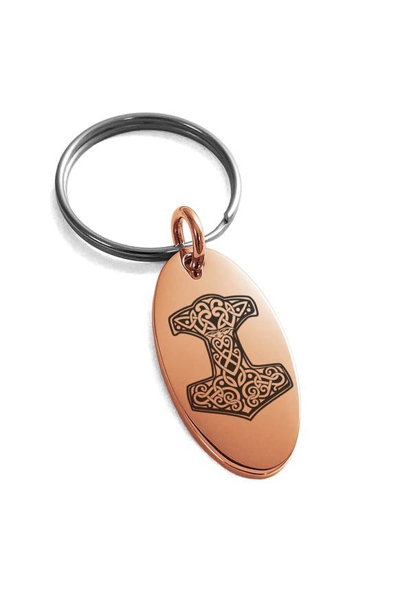 Stainless Steel Thor's Hammer Mjolnir Knot Viking Norse Engraved Small Oval Charm Keychain Keyring
