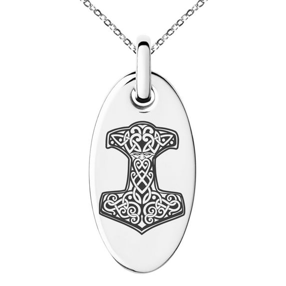 Stainless Steel Thor's Hammer Mjolnir Knot Viking Norse Engraved Small Oval Charm Pendant Necklace