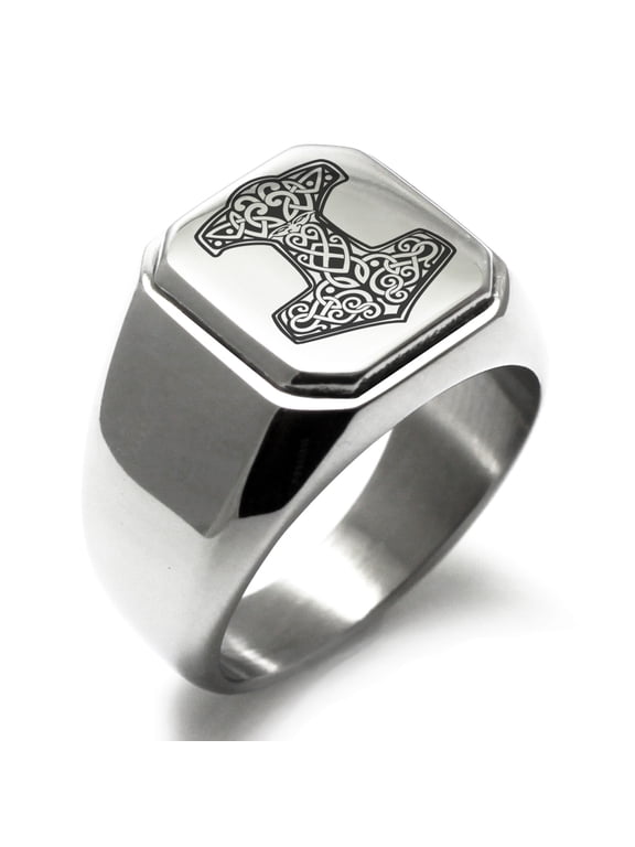 Stainless Steel Thor's Hammer Mjolnir Knot Viking Norse Engraved Square Flat Top Biker Style Polished Signet Ring