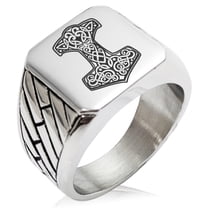 Stainless Steel Thor's Hammer Mjolnir Knot Viking Norse Geometric Pattern Biker Style Polished Ring