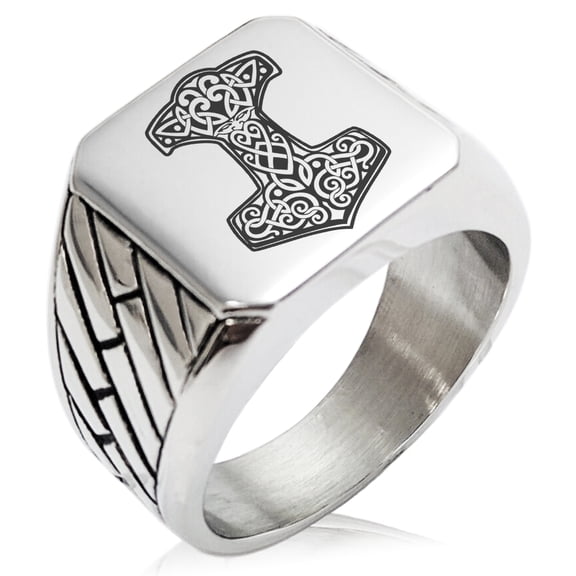 Stainless Steel Thor's Hammer Mjolnir Knot Viking Norse Geometric Pattern Biker Style Polished Ring