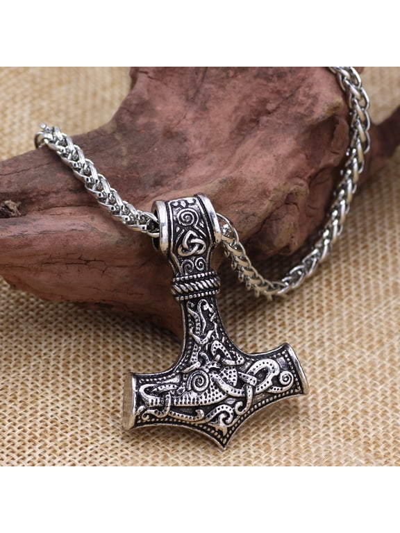 Stainless Steel Thor's Hammer Necklace Wolf's Head Leather Chain Nordic Scandinavian Viking Jewellery for Men Women