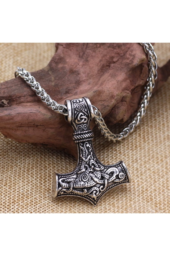 Stainless Steel Thor's Hammer Necklace Wolf's Head Leather Chain Nordic Scandinavian Viking Jewellery for Men Women