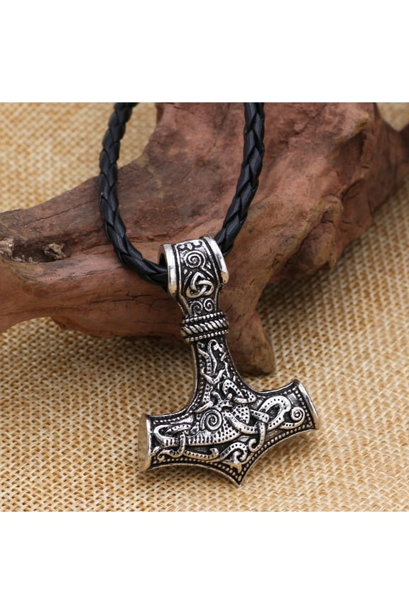 Stainless Steel Thor's Hammer Necklace Wolf's Head Leather Chain Nordic Scandinavian Viking Jewellery for Men Women