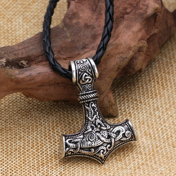Stainless Steel Thor's Hammer Necklace Wolf's Head Leather Chain Nordic Scandinavian Viking Jewellery for Men Women