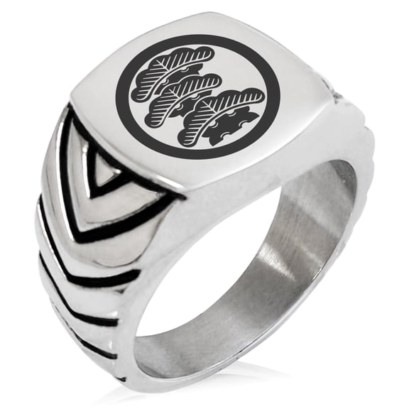 Tioneer Stainless Steel Three-Tiered Pine Kamon Crest Chevron Pattern Biker Style Polished Ring