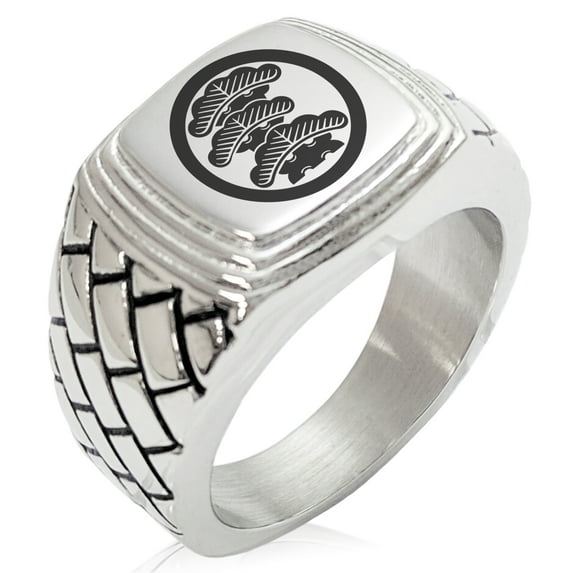 Tioneer Stainless Steel Three-Tiered Pine Kamon Crest Geometric Pattern Step-Down Biker Style Polished Ring
