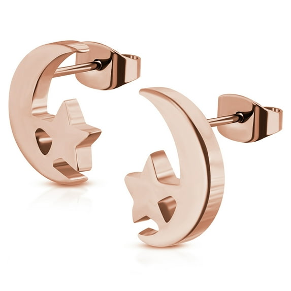 Stainless Steel Tiny Crescent Moon & Star Stud Post Earrings