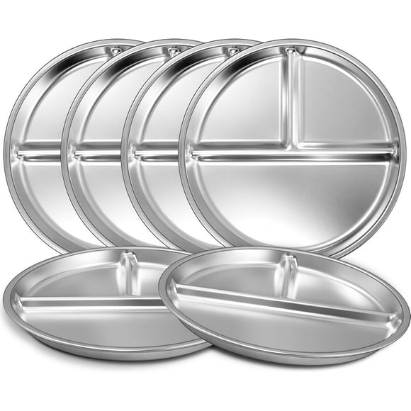 Stainless Steel Toddler Plate Set of 6, 9" Portion Control Plates Divided Plate for Adults Kids Balance Lunch, Non Slip | Unbreakable Toddler Baby Feeding Set Dishwasher Safe