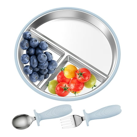 Stainless Steel Toddler Plate with Removable Silicone Nonslip Sleeve Divided Baby Plate for Baby Led Weaning with Spoon and Fork