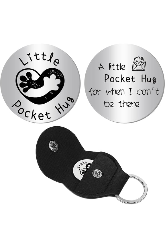 Stainless Steel Token Long Distance Relationship Keepsake Double Sided Printed with PU Leather Keychain Inspirational Gift for Men Valentines Day Christmas Birthday Heart Hand 1.2x1.2inch Gray