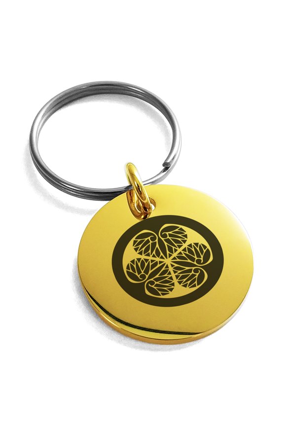 Stainless Steel Tokugawa Samurai Crest Engraved Small Medallion Circle Charm Keychain Keyring