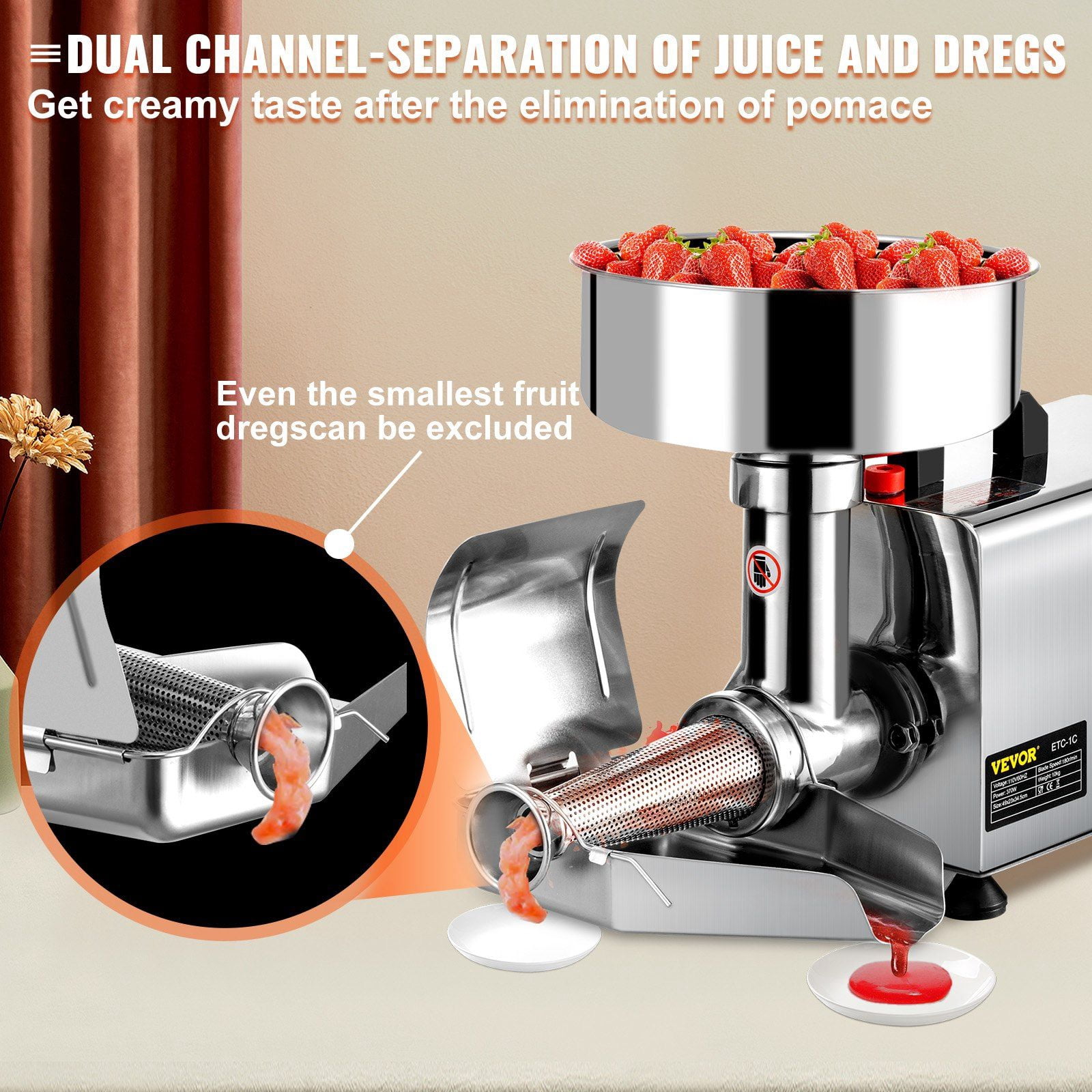 Stainless Steel Tomato Strainer 370W, 110V Electric Sauce Maker - High Capacity 90-160 Kg/H, Pure Copper Motor, Commercial Use
