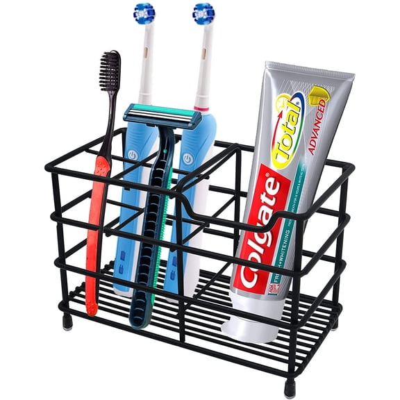 Rirool Black Stainless Steel Toothbrush and Toothpaste Holder, Modern Freestanding Bathroom Counter Organizer with 4 Brush Slots, Drain Holes, Non-Slip Feet, Toothpaste Stand for Sink Vanity