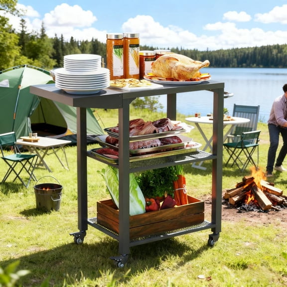 Stainless Steel Top Oven Stand with Foldable Side Table,Three-Shelf Outdoor Grill Cart Table with Hooks