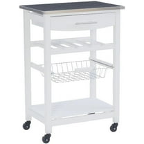 Stainless Steel Top Pine Wood Rolling Kitchen Island Microwave Cart with Storage in White