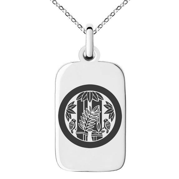 Stainless Steel Torii Samurai Crest Engraved Small Rectangle Dog Tag Charm Pendant Necklace