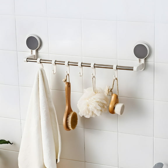 Stainless Steel Towel Rack, Single Pole Suction Cup Storage Rack with Hooks, White Finish 48.5cm Length, Non Perforated No Drill Llation for Easy Setup, Perfect for Bathroom and Kitchen