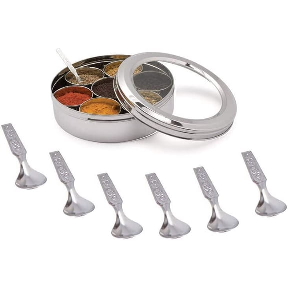 Stainless Steel Transparent Masala Dabba - 7 Containers, Steel Masala Box, Kitchen Spice Box
