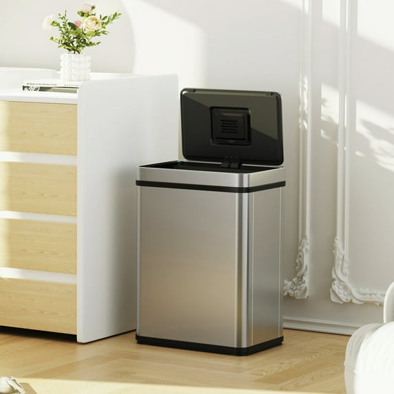 Stainless Steel Trash Can, 50 Liter/13 Gallon Automatic Touch Free Garbage Can with Soft-Close Lid and Odor Filter, Stainless Steel Rectangular Trashcan, Large Capacity 15.3"L X 10.6"W X 21.2"H