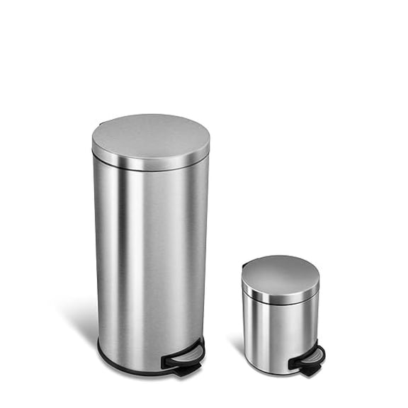Stainless Steel Trash Can Combo - 8 Gal & 1.2 Gal - Fingerprint-Proof Soft Close - Step Trash Cans for Kitchen, Bathroom, Office - Round Waste Bin with Removable Inner Bucket