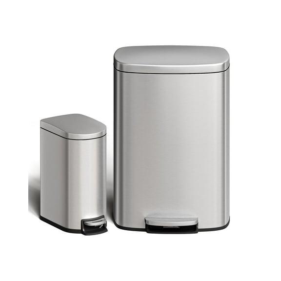 Stainless Steel Trash Can Combo Set, 13 Gallon and 2.6 Gallon White Garbage Bin with Removable Inner Bucket, Anti-Fingerprint Pedal Trash Can for Kitchen, Bathroom, Office