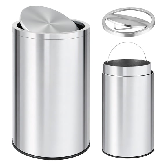 Stainless Steel Trash Can with Lid, 13 Gallon/18.5 Gallon Swing Top Garbage Can with Removable Inner Bucket, Round Waste Container Recycling Bin for Kitchen, Office, Silver