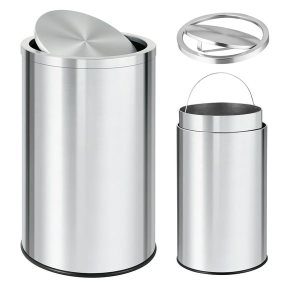 Stainless Steel Trash Can with Lid, 13 Gallon/18.5 Gallon Swing Top Garbage Can with Removable Inner Bucket, Round Waste Container Recycling Bin for Kitchen, Office, Silver