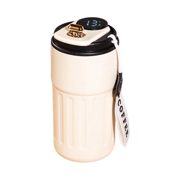 Stainless Steel Travel Coffee Tumbler, Led Temperature Readout, Hot And Cold Retention, Sip Lid, Road Trips, Cream Tone, Hanging Loop, 1 Pc