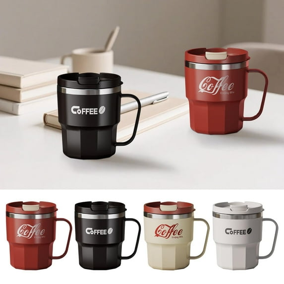 Stainless Steel Travel Mug Double Wall Insulated Coffee Cup 400ml | Spill-Proof Lid, Straw & Flip Top | Handle Leakproof Portable Reusable Drink Cup for Office & Travel