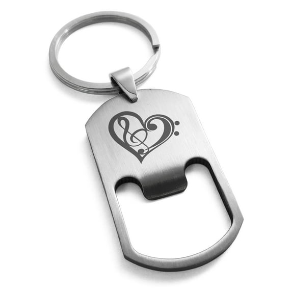 Tioneer Stainless Steel Treble Bass Clef Heart Engraved Bottle Opener Dog Tag Keychain Keyring