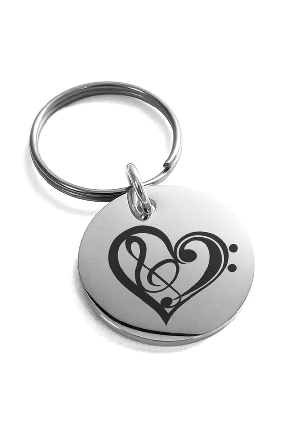 Stainless Steel Treble Bass Clef Heart Engraved Small Medallion Circle Charm Keychain Keyring