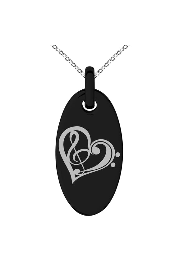 Stainless Steel Treble Bass Clef Heart Engraved Small Oval Charm Pendant Necklace