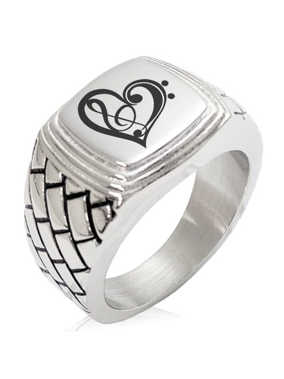 Stainless Steel Treble Bass Clef Heart Geometric Pattern Step-Down Biker Style Polished Ring