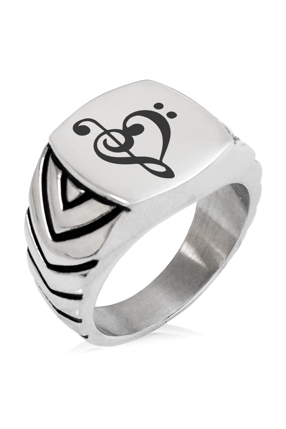 Stainless Steel Treble Bass Clef Musical Heart Chevron Pattern Biker Style Polished Ring