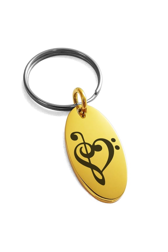 Stainless Steel Treble Bass Clef Musical Heart Engraved Small Oval Charm Keychain Keyring