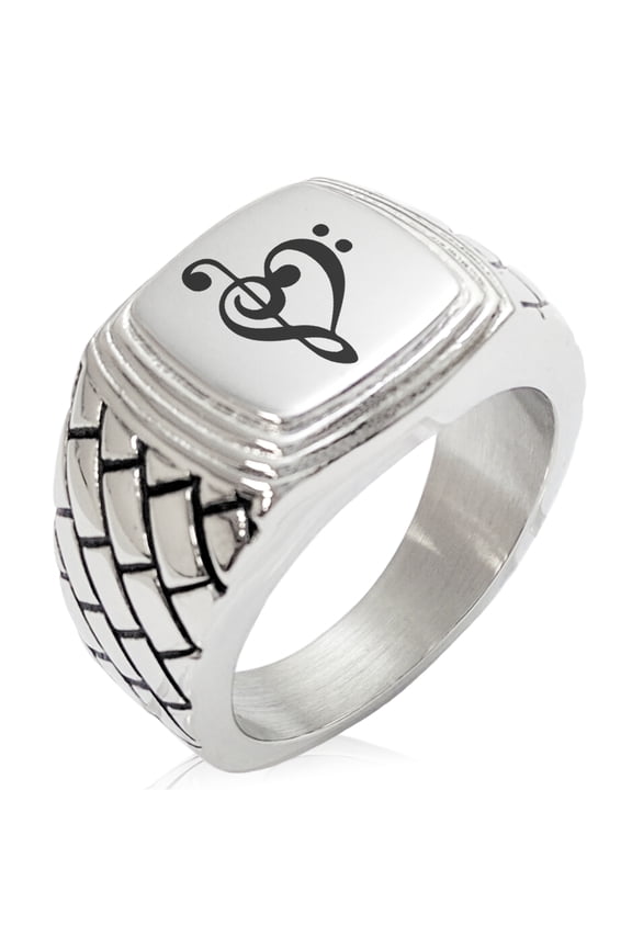 Stainless Steel Treble Bass Clef Musical Heart Geometric Pattern Step-Down Biker Style Polished Ring