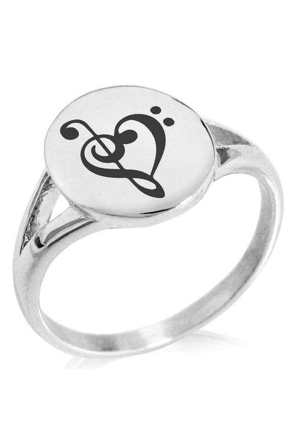 Stainless Steel Treble Bass Clef Musical Heart Minimalist Oval Top Polished Statement Ring