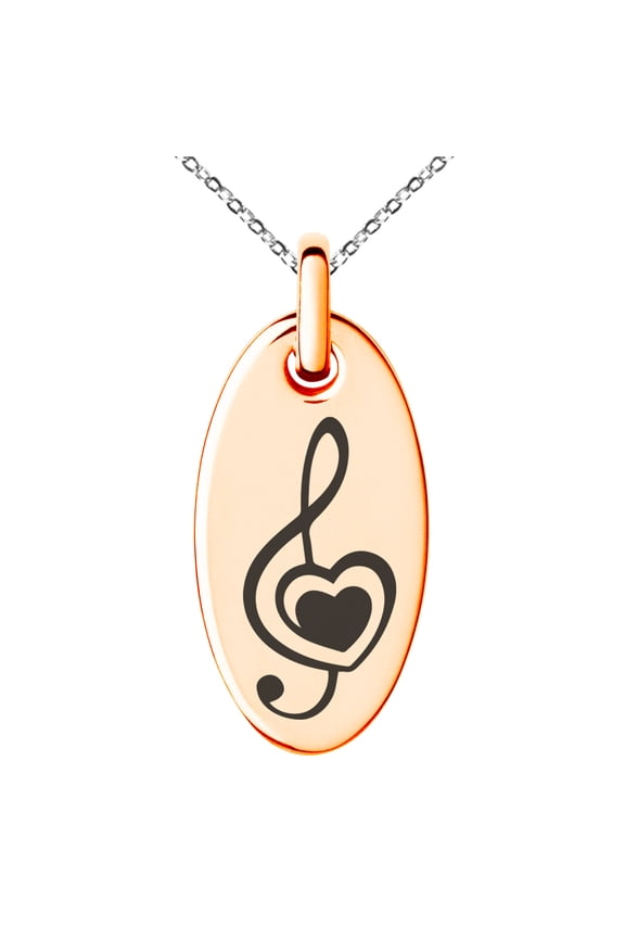 Stainless Steel Treble Clef Heart Engraved Small Oval Charm Pendant Necklace