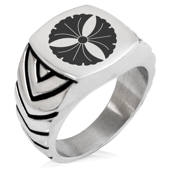 Tioneer Stainless Steel Tree Ginkgo Leaves Kamon Crest Chevron Pattern Biker Style Polished Ring