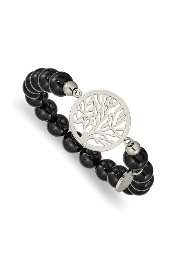 Stainless Steel Tree Of Life Black Agate Beaded Stretch Bracelet Fine Jewelry For Women Gifts For Her, 6.25"
