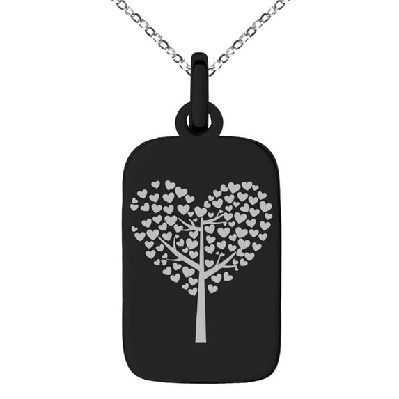 Stainless Steel Tree of Hearts Engraved Small Rectangle Dog Tag Charm Pendant Necklace