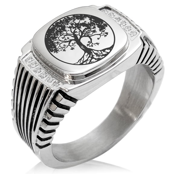 Stainless Steel Tree of Life CZ Ribbed Needle Stripe Pattern Biker Style Polished Ring