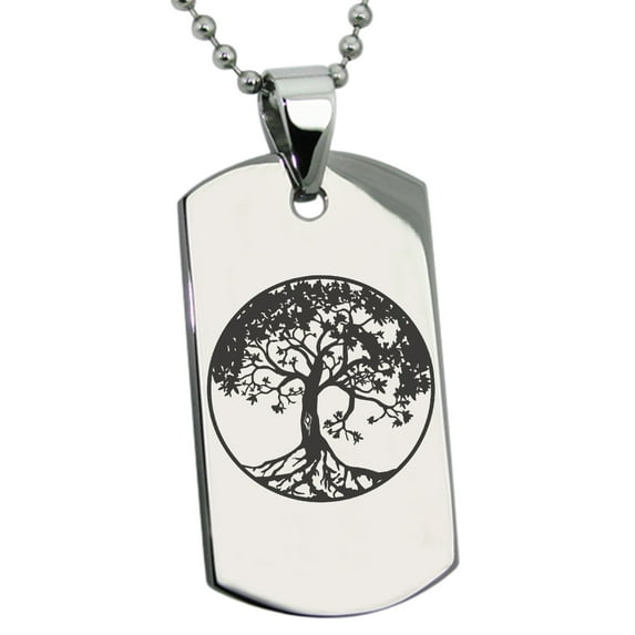 Stainless Steel Tree of Life Engraved Dog Tag Pendant Necklace