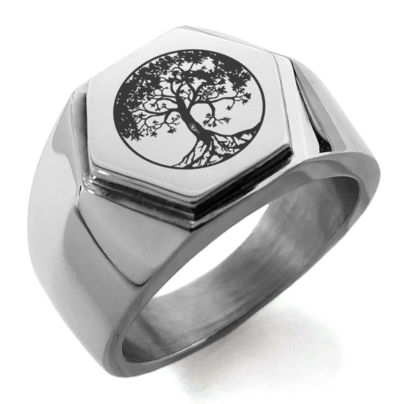 Stainless Steel Tree of Life Engraved Hexagon Crest Flat Top Biker Style Polished Ring