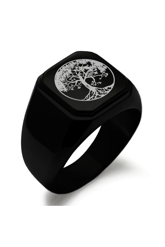 Stainless Steel Tree of Life Engraved Square Flat Top Biker Style Polished Signet Ring
